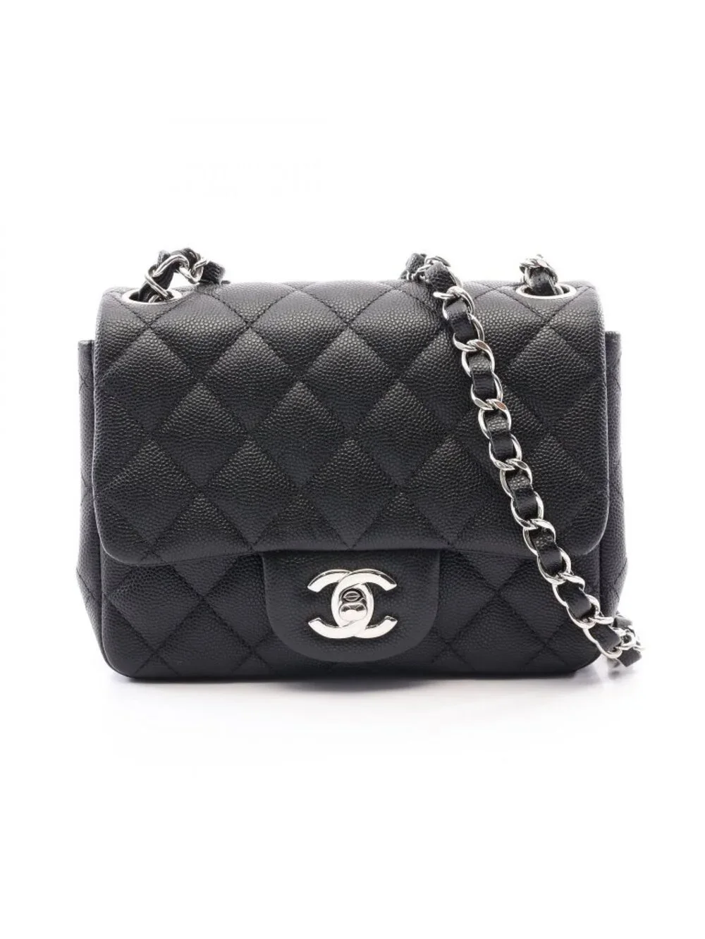 Chanel Shoulder Bag Mini Quilted Black Caviar Leather Chain
